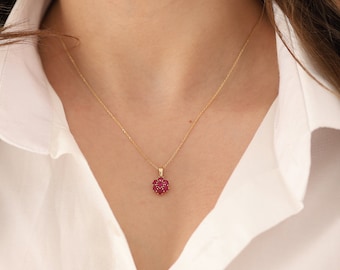 14k Gold Ruby Necklace | Hexagon Honeycomb Flower Red Ruby July Birthstone Pendant
