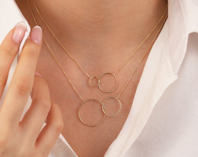 14K Gold Interlocking Circles Necklace | Mixed Circles Jewelry, Intertwined Necklace, Double Circles Chic Jewelry, Anniversary Gift