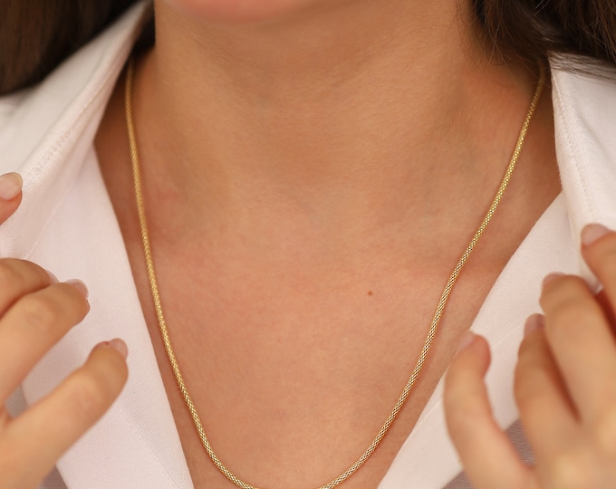 Gold Popcorn Coreana Chain Necklace | 14k Gold Vintage Look Popcorn Chain, Round Mesh Tube Chain, Dainty Layering Chain, Anniversary Gift