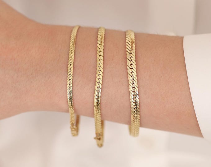 14k Gold Snake Chain Bracelet | 4mm Flat Herringbone Lobster Clasp Layering Chain
