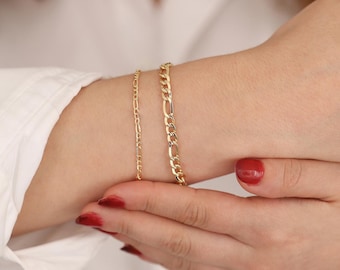 14k Gold 5mm Figaro Chain Bracelet | Thick Cuban Chain, Unisex Figaro Chain, Bold Layering Bracelet, Stacking Bracelet, Anniversary Gift
