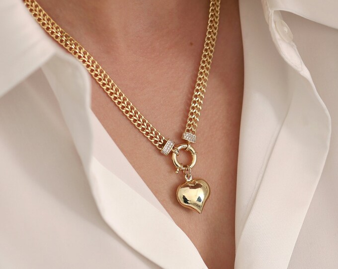 14k Gold Double Curb Chain with Sailor Lock | 6mm Double Curb Chain Charm Necklace, Sailor Clasp w/ Moon, Star, Key Charms, Graduation Gift