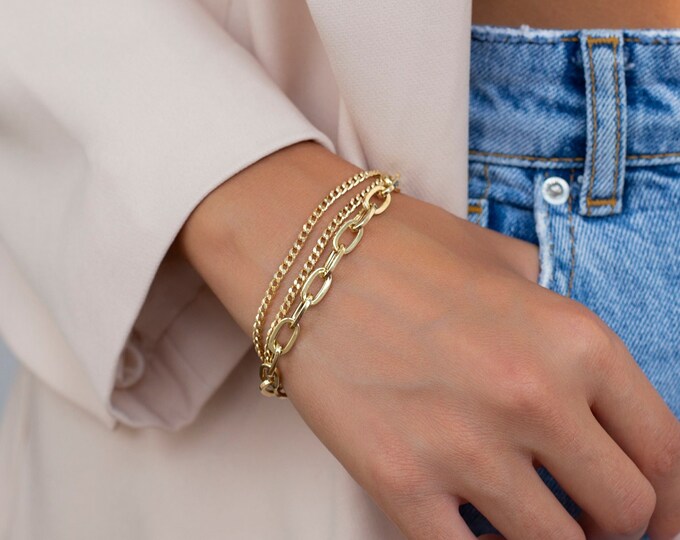 3 Strand Paperclip & Curb Bracelet | 14k Gold Three Chains Stacking Bracelet, Thick Gold Jewelry, Gold Layering Chain | Valentine's Day Gift
