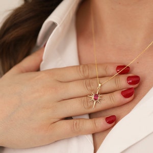 14k Gold Ruby North Star Necklace | Gemstone Talisman Pendant, Love and Protection Symbol