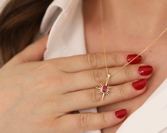 14k Gold Ruby North Star Necklace | Gemstone Talisman Pendant, Love and Protection Symbol