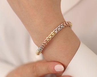 14k Gold 3-Tone Dorica Beaded Chain Bracelet | Faceted Tri-Color Ball Bracelet