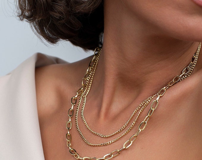3 Strand Paperclip & Curb Necklace | 14k Gold Three Chains Layering Necklace, Thick Gold Jewelry, Gold Layering Chain | Valentine's Day Gift