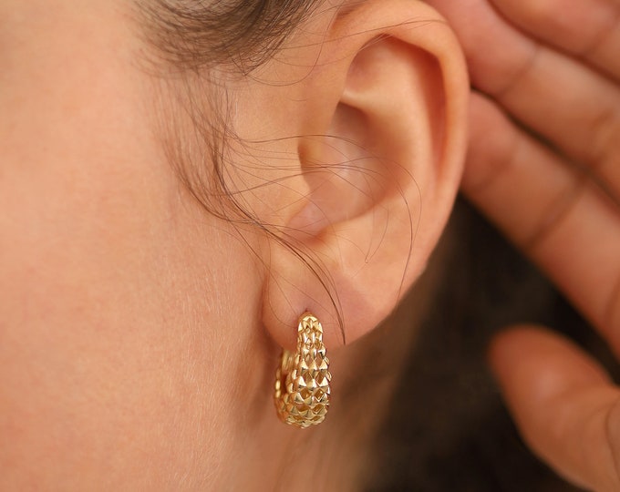 14k Gold Lozenged Dome Earrings | Rhombus Shaped Bold Hoops