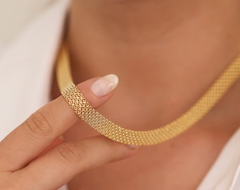 14k Gold Bismarck Chain Necklace | Retro Italian Mesh Chain, Vintage Style Jewelry