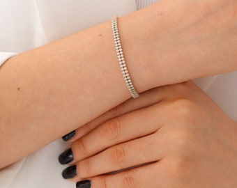 14k Solid Gold Tennis Bracelet | 4mm Dainty Sparkling Diamond Chain Wedding Design