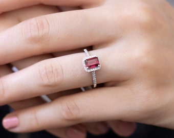 14k Gold Ruby Diamond Ring | Emerald Cut July Birthstone Vintage Bride Statement