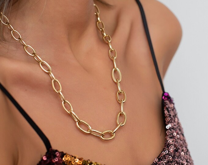 14k Gold Oval Graduated Paperclip Necklace | Long Link Layering Necklace, Stacking Necklace, Large Everyday Necklace | Valentine's Day Gift