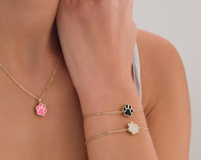 14k Gold Enamel Paw Urn Bracelet | Real Gold Ash Holder for Pets, Colorful Memorial Jewelry for Dog or Cat Loss | Glow-in-the-Dark Option