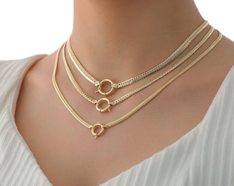 14k Gold Herringbone Chain Necklace | 3mm, 4mm, 5mm Thick Flat Snake Chain Necklace, Sailor Clasp, Heavy Fine Jewelry | Valentine's Day Gift