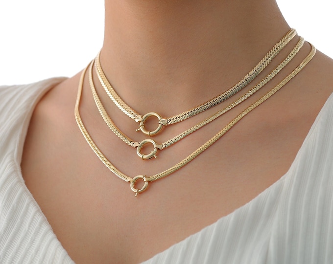 14k Gold Herringbone Chain Necklace | 3mm, 4mm, 5mm Thick Flat Snake Chain Necklace, Sailor Clasp, Heavy Fine Jewelry | Valentine's Day Gift