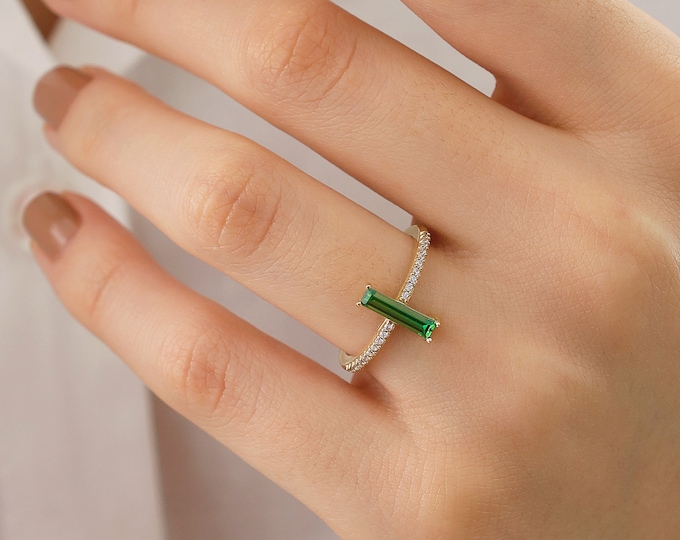 14k Gold Emerald Zircon Ring | Slim Rectangular Bezel Cut Gemstone Band Jewelry