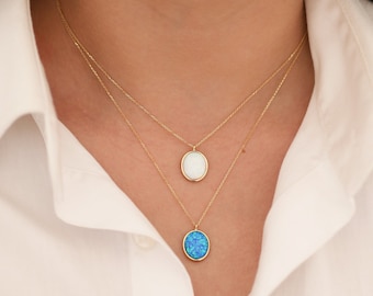 14k Gold White Opal Necklace | October Birthstone Zodiac Scorpio Pendant