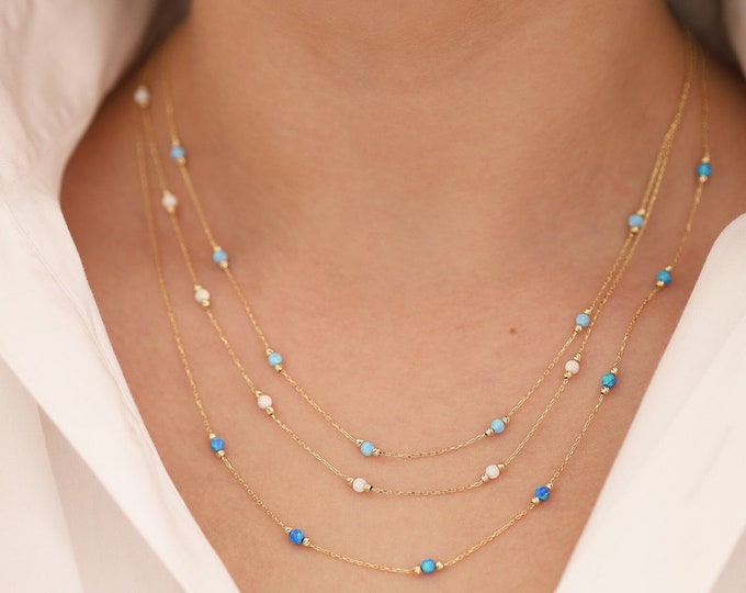 14k Gold Light Blue Opal Round Necklace | White & Blue Opal Necklace, October Birthstone, Zodiac Necklace, Elegant Jewelry, Gift for Her