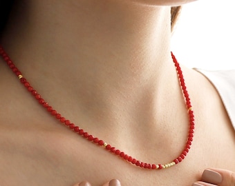 Natural Red Coral Beaded Necklace | 14k Gold Moonga Stone Necklace, Aries & Cancer Birthstone, Spiritual Healing Jewelry, Birthday Gift