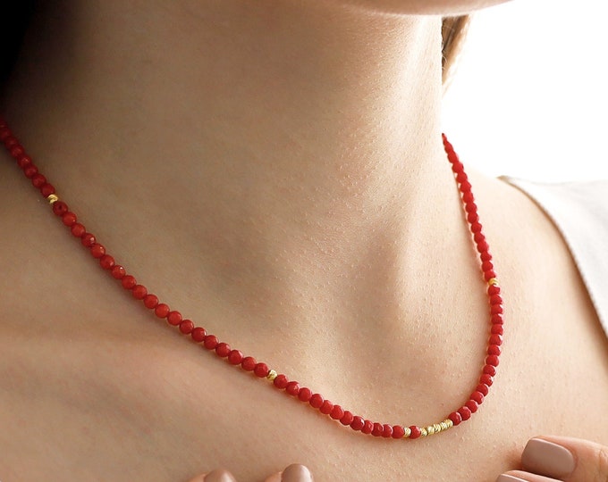 Natural Red Coral Beaded Necklace | 14k Gold Moonga Stone Necklace, Aries & Cancer Birthstone, Spiritual Healing Jewelry, Birthday Gift
