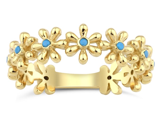 Daisy Ring w/Turquoise Natural Stone | 14k Gold, Stackable Stone Rings, Dainty Figure Rings, Valentines Day Gift, Birthday Gift,Gift for Her
