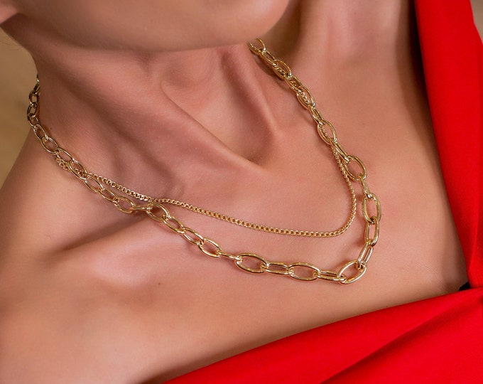 14k Gold Double Chain Graduated Links Necklace | Oval Large Links, Paperclip & Curb Chain, Dual Color Layering Necklace | Gift for Her