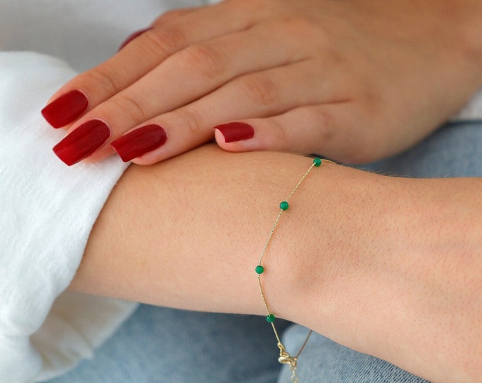 14k Gold Green Jade Beaded Bracelet | Handmade Jewelry for Energizing Body, Meditation Gemstone Bracelet, Best Friend Forever Gift