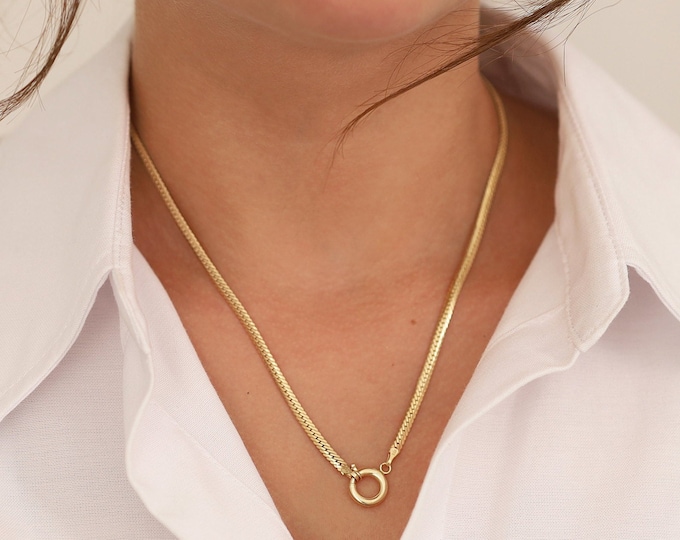 14K Gold Senorita Clasp / Sailor Lock Herringbone Chain Necklace | Thick Flat Snake Chain Necklace, Heavy Fine Jewelry | Gift for Her