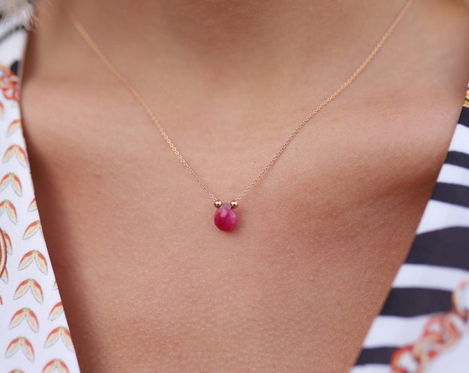 Red Ruby Gem Teardrop Necklace | Drop Shaped Minimal Necklace with Gold Beads | Ruby Wedding Gift Faceted Ruby Pendant | Gift for Her