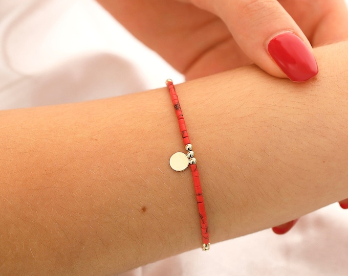 14k Gold Red Coral Bracelet w/ Beads | Engravable Coin, Personalized Disc Charm, Dainty Handmade Coral NATURAL Stone Bracelet, Gift for Her