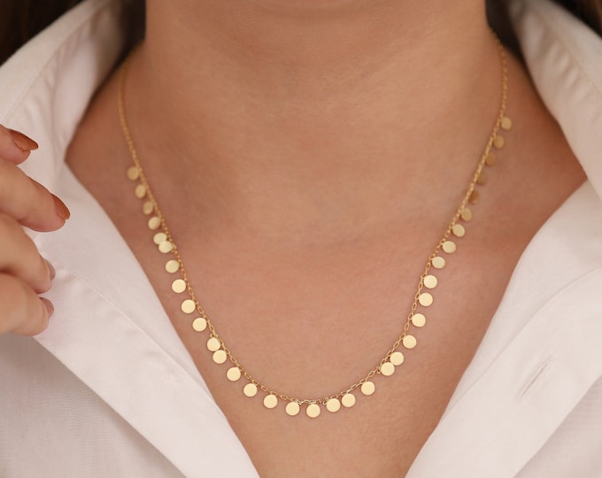 14K Gold Tiny Drop Sequin Necklace | Coin Drop Jewelry, Dainty Disc Necklace, Drop Fringe Jewelry, Drop Disc Jewelry, Wedding Gift