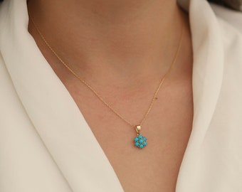 14k Gold Turquoise Hexagon Flower Earrings | Honeycomb Stud Earrings, December Birthstone, Birthday Gift, Turquoise Handmade Jewelry Set