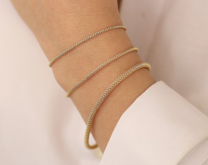 14k Gold Popcorn Chain Bracelet | 3mm Round Mesh Tube Chain Bracelet, Vintage Design Popcorn Bracelet, Gold Unisex Chain, Anniversary Gift