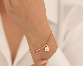 14k Gold Rolo Bracelet with Padlock Charm | Thick Belcher Link Heart Lock Bracelet