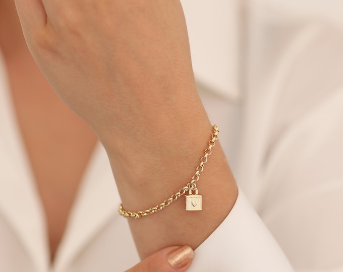 14k Gold Rolo Bracelet with Padlock Charm | Thick Belcher Link Heart Lock Bracelet