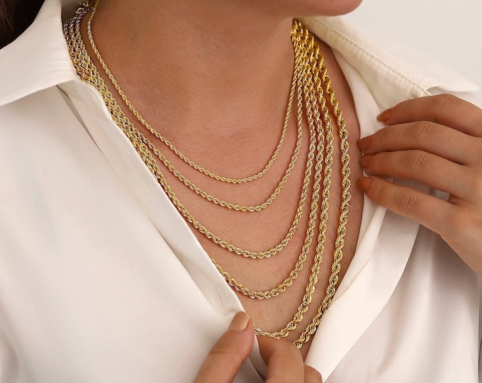 14k Gold 3mm Rope Chain Necklace | Vintage Design Twisted Chain, Thin Unisex Chain Necklace, Elegant Jewelry, Anniversary Gift, Gift for Her
