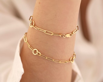 14k Gold Paperclip & Round Link Bracelet | Double Ring Dainty Circle Layering Chain