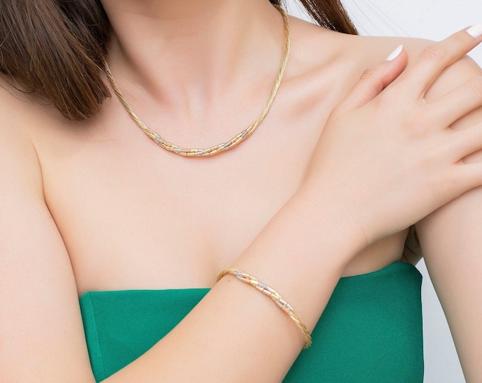 14k Gold 3 Color Braided Mesh Chain Choker | Rope Chain, Twisted Straw Necklace, White, Yellow, Rose Gold, Cylindrical Gold Beads