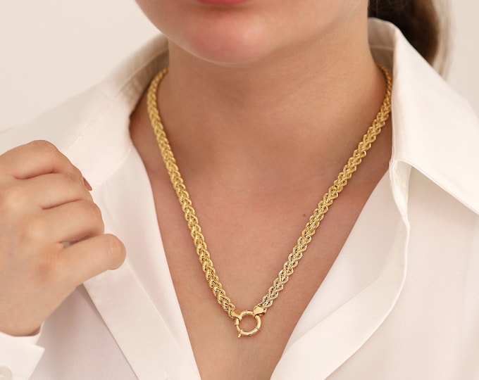 14k Gold Wheat Chain Necklace with Sailor Lock Clasp | 6mm Braided Straw Mesh Gold Chain, Reversible Necklace, Add Charm, Anniversary Gift