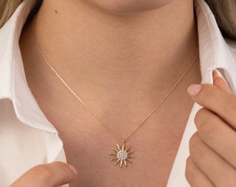 14k Gold Sun Charm Necklace | Dainty Starburst Pendant with Gemstones, Graduation Gift