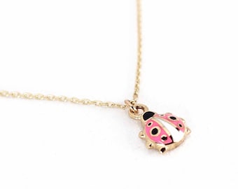 14k Gold Ladybug Necklace | Pink Enamel Animal Charm Luck Minimal Jewelry