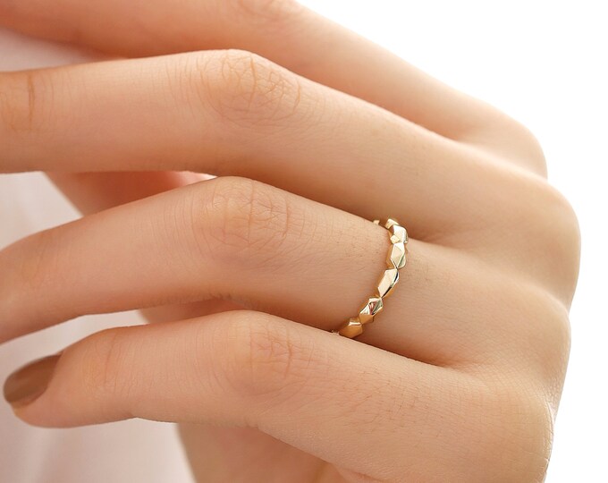 14k Gold Hexagon Shaped Dome Ring | Casual Stackable Geometric Rings, Eternity Band Ring, Valentines Day Gift, Graduation Gift, Gift for Her