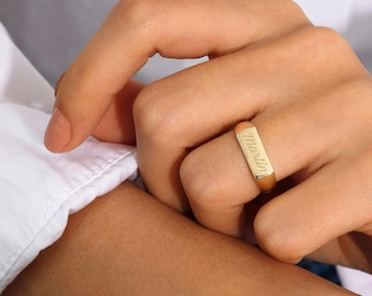 14k Gold Wide Engravable Ring | Personalized Statement Band, Stackable Initial Ring