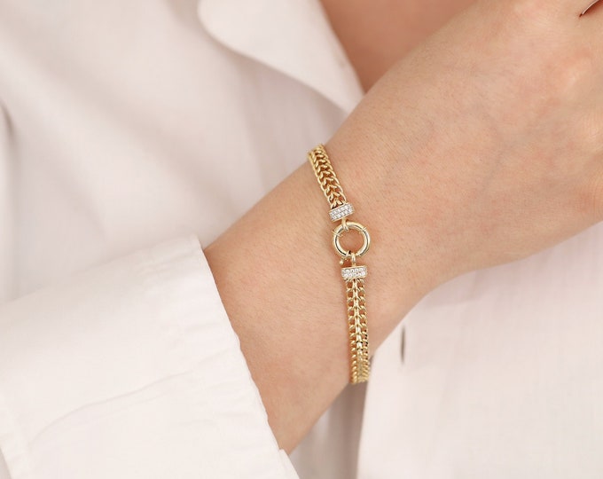 14k Gold Double Curb Chain Bracelet w/ Sailor Clasp | 6mm Double Curb Chain & Charms, Sailor Lock w/ Heart, Bag, Clover Charms, Gift for Her