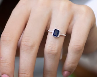14k Gold Sapphire Square Ring | Emerald Cut Blue Gemstone Paved Diamond