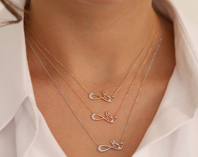 14k Gold Infinity Bird Necklace | Dainty Pigeon Pendant, Eternal Love Symbol