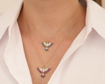 14k Gold Phoenix Necklace | Blue Turquoise Firebird Simurgh Ruby Pendant