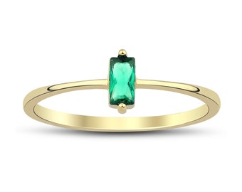 14k Gold Green Zircon Ring | Handmade Baguette Cut Stackable Gem Jewelry