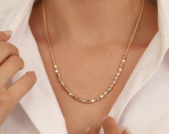 14k Gold Italian Mesh Chain Necklace | Cubic Straw Braid with Rose & White Beads