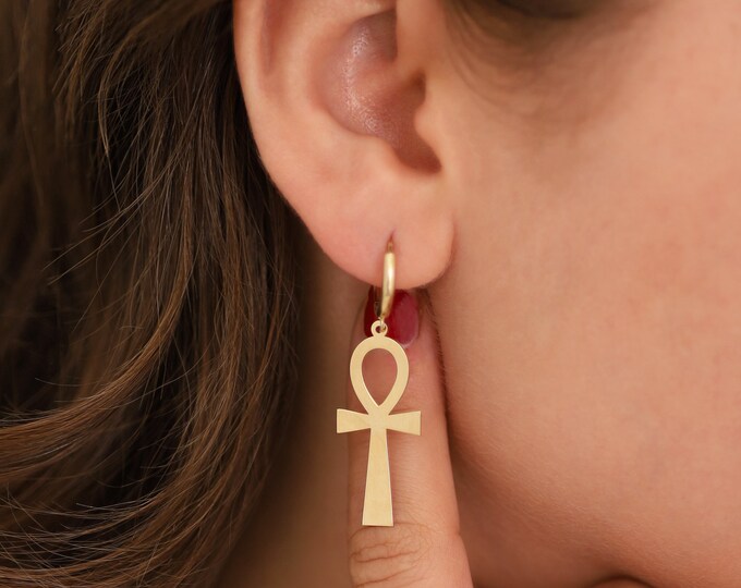 14k Gold Ankh Drop Earrings | Ancient Ankh Charm Earrings, Life & Soul Symbol Pharaoh Earrings, Minimalist Cross Earrings | Gift for Her